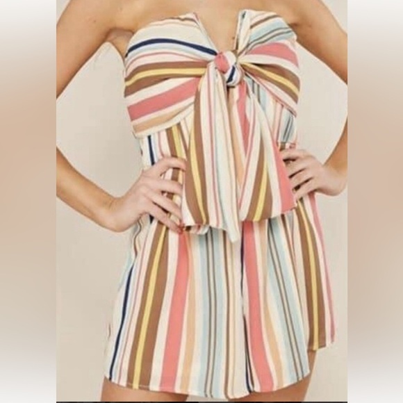 VICI MULTICOLOR STRIPE STRAPLESS RIBBON TIE SUMMER BEACH ROMPER JUMPSUIT SZ S - Picture 1 of 14